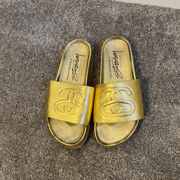 Stussy Solestruck SS Link Slide Sandals Gold 100% Leather - Picture 3 of 4
